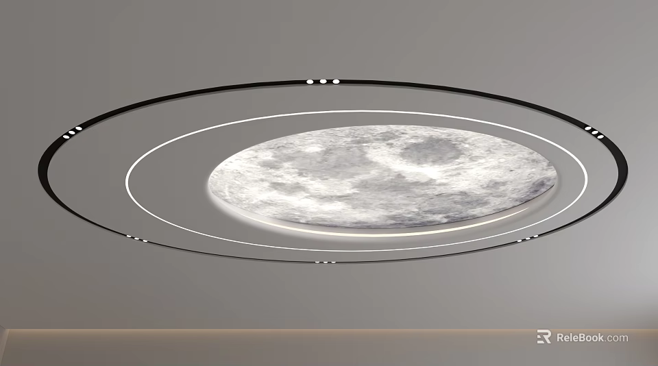 Modern Circular Ceiling Design With Moon Pattern Illuminated Rings And Recessed Lighting 3d model 
