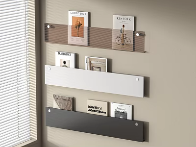 Modern Minimalist Wall Mounted Bookshelves with Clear White and Dark Gray Layers in Bright Room 3d model