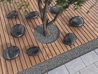 Modern Outdoor Chair Pebble Bench Rest Wooden Platform Landscape Stone Bench Landscape Pebble Square Stone Bench Stone 3d model