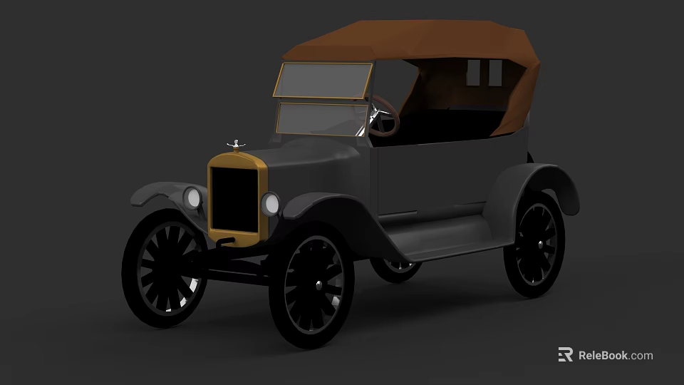 Vintage Classic Car With Gray Body Brown Soft Top Gold Front And Black Wheels 3d model 