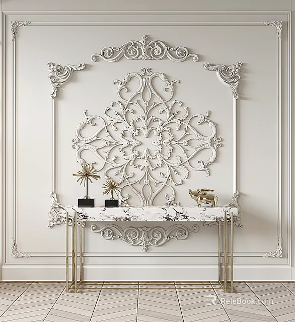 Elegant Console Table With Marble Top And Gold Decor On White Carved Wall 3d model 