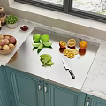 Stainless Steel 304 Cutting Board With Fresh Meat Vegetables And Sharp Knives On Marble Countertop