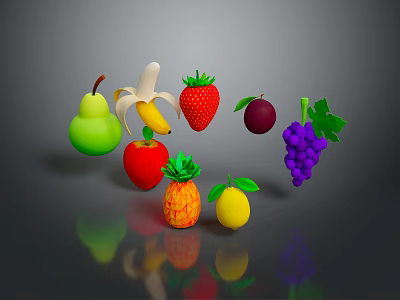 Colorful Assorted Fresh Fruits Including Pear Banana Strawberry Apple Pineapple And Grapes 3d model