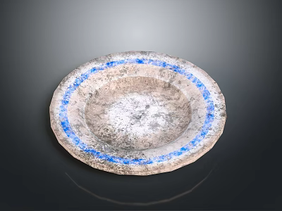 Hand Carved Circular Stone Sculpture With Blue Rim And Textured Surface 3d model