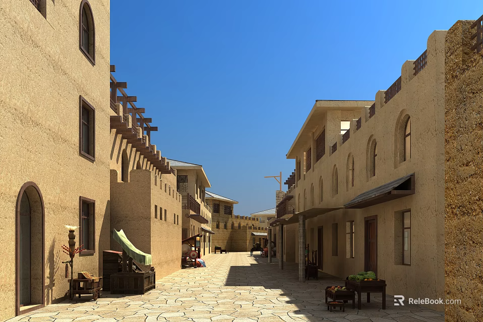 Traditional Earth Toned Guesthouse Architecture With Arched Windows Stone Alley And Outdoor Seating 3d model 