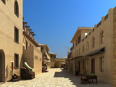 Traditional Earth Toned Guesthouse Architecture With Arched Windows Stone Alley And Outdoor Seating 3d model