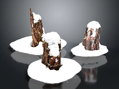 Three Natural Tree Stumps Covered With White Snow On Black Background 3d model