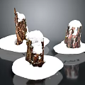 Three Natural Tree Stumps Covered With White Snow On Black Background