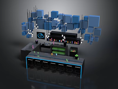Modern Bar Interior With Blue Square Decorations Counter Stools And Lighting 3d model