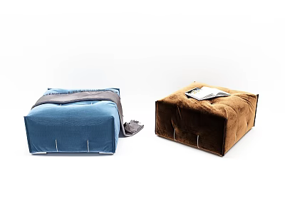 Blue and Brown Ottoman Poufs with Gray Blanket and Magazine on Top 3d model