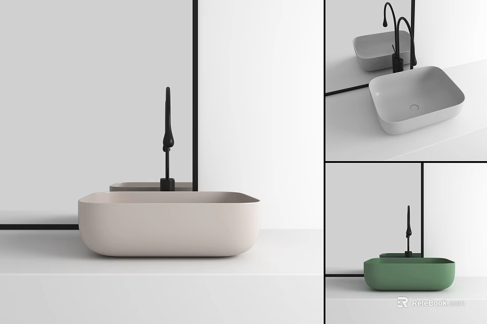 Modern Minimalist Washbasin Design With Neutral And Green Colors And Black Faucet 3d model 