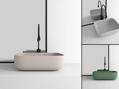 Modern Minimalist Washbasin Design With Neutral And Green Colors And Black Faucet 3d model