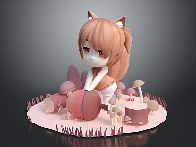 Fox Eared Cartoon Girl Sitting on Grassy Platform with Mushrooms and Tree Stumps 3d model