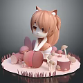 Fox Eared Cartoon Girl Sitting on Grassy Platform with Mushrooms and Tree Stumps