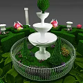 Playground Equipment in Landscaped Garden with Green Hedges White Columns Fountain and Pink Flowers