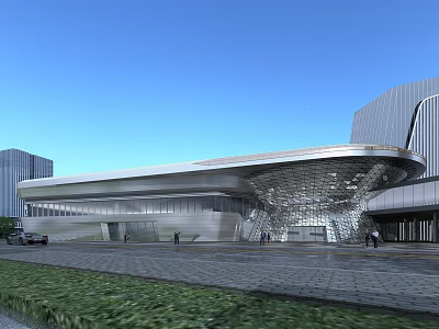 Modern Commercial Complex Design With Curved Roof Glass Facade Plaza Pedestrians And Greenery 3d model