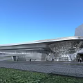 Modern Commercial Complex Design With Curved Roof Glass Facade Plaza Pedestrians And Greenery