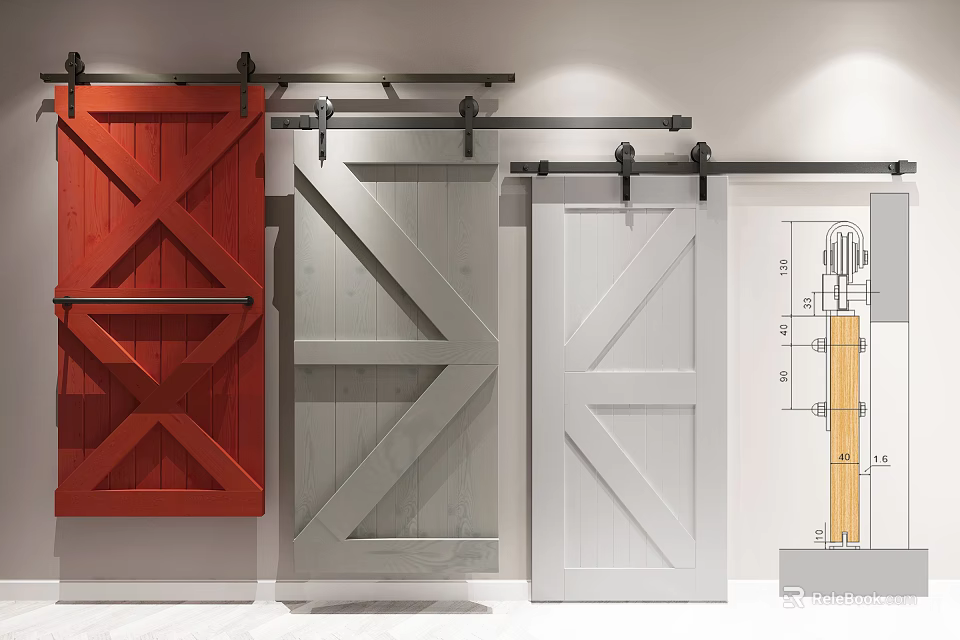 Red Gray and White Barn Doors with Rustic Design and Structural Details 3d model 