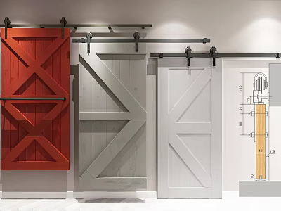 Red Gray and White Barn Doors with Rustic Design and Structural Details 3d model