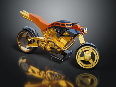 Futuristic Gold And Orange Motorcycle With Aerodynamic Frame And Shiny Wheels 3d model