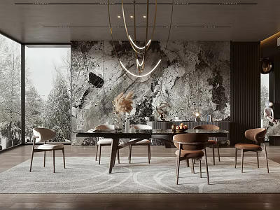 Modern Restaurant With Marble Wall Large Windows Golden Chandeliers Dark Wooden Table And Brown Chairs 3d model
