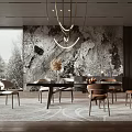 Modern Restaurant With Marble Wall Large Windows Golden Chandeliers Dark Wooden Table And Brown Chairs