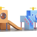 Orange And Blue Children's Play Slides With House Structure Yellow Antenna And Pink Dots