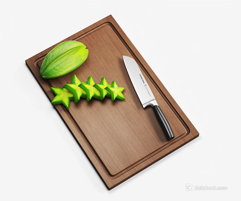 Fresh Green Star Fruit Sliced on Brown Cutting Board with Sharp Knife 3d model