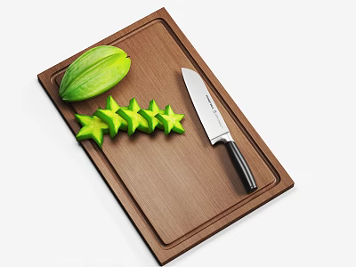 Fresh Green Star Fruit Sliced on Brown Cutting Board with Sharp Knife 3d model