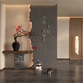 Chinese Style Room Divider With Gray Stone Surface Red Flower Vase Wooden Lattice And Cat