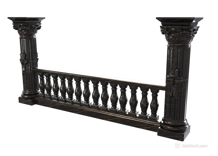 Black Roman Columns With Decorative Railing And Intricate Carved Details 3d model 