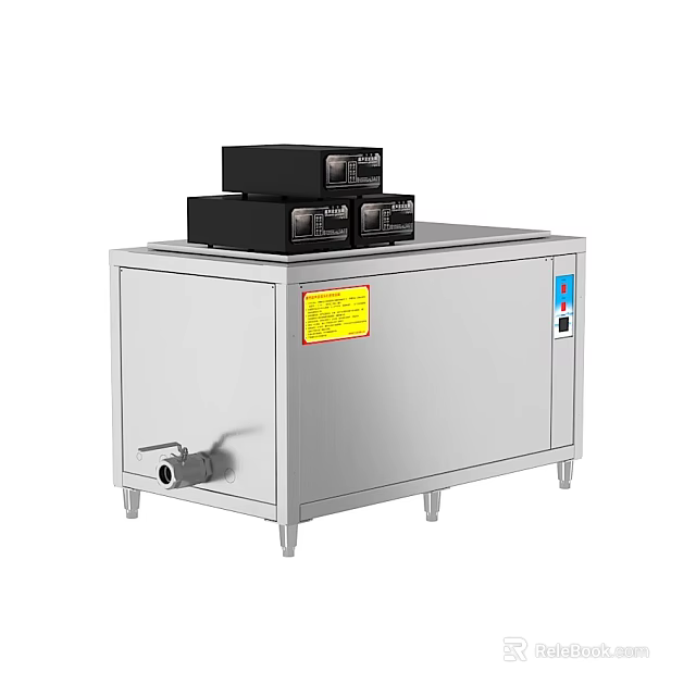 Stainless Steel Ultrasonic Cleaning Machine With Black Control Modules And Yellow Label 3d model 