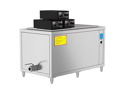 Stainless Steel Ultrasonic Cleaning Machine With Black Control Modules And Yellow Label 3d model