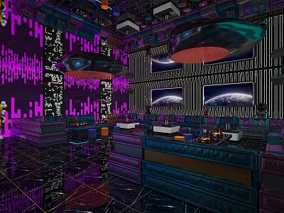 Purple Neon KTV Interior With Sound Wave Patterns And Space Themed Decor 3d model