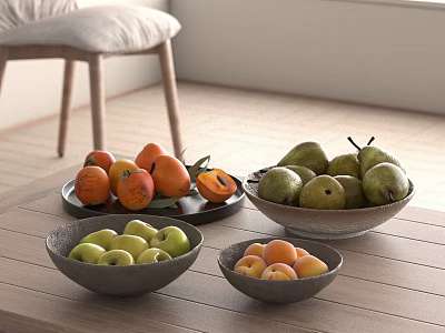 Fresh Oranges Persimmons Pears Green Apples and Apricots in Ceramic Bowls on Wooden Table 3d model