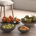 Fresh Oranges Persimmons Pears Green Apples and Apricots in Ceramic Bowls on Wooden Table
