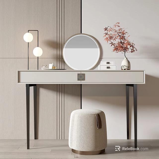 Modern Dressing Table with Round Mirror Two Globe Lamps Red Maple Vase and Beige Stool 3d model 