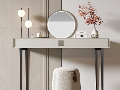 Modern Dressing Table with Round Mirror Two Globe Lamps Red Maple Vase and Beige Stool 3d model