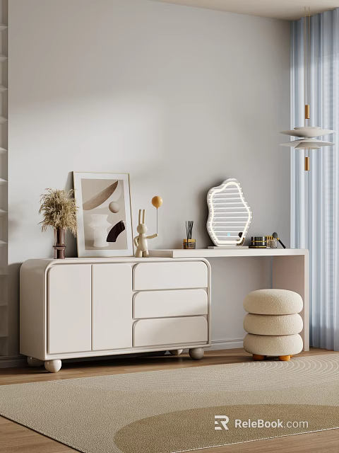 Elegant White Dressing Table With LED Mirror Plush Stool And Decorative Items 3d model 