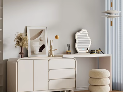 Elegant White Dressing Table With LED Mirror Plush Stool And Decorative Items 3d model
