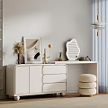 Elegant White Dressing Table With LED Mirror Plush Stool And Decorative Items