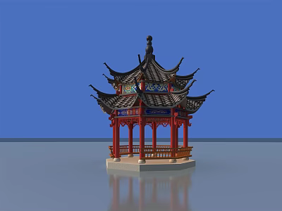 Traditional Chinese Pavilion With Pagoda Style Roof Red Pillars Intricate Decorations And Blue Background 3d model