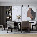 Modern Dining Table Set With Round Table Geometric Artwork Pendant Lights And Marble Wall 3d model