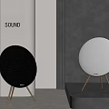 Modern Round Sound Speakers With Black White Design And Wooden Stands