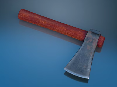Rustic Axe With Red Wooden Handle And Metal Blade On Reflective Blue Surface 3d model