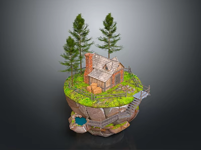 Brick Cabin On Island With Pine Trees Grass And Stairs Leading To Water 3d model