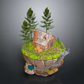 Brick Cabin On Island With Pine Trees Grass And Stairs Leading To Water