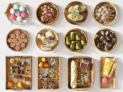 Assorted Delicious Foods on Wooden Trays Including Macarons Nuts Cookies and Chocolates 3d model