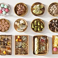 Assorted Delicious Foods on Wooden Trays Including Macarons Nuts Cookies and Chocolates