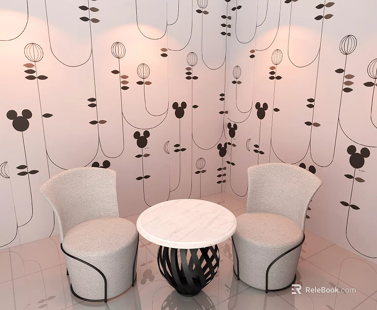 Two Beige Leisure Chairs With White Marble Round Table And Black Floral Mickey Mouse Wallpaper 3d model 